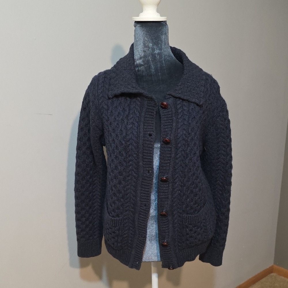 Women's Original Aran Merino Wool‎ Navy Cable Knit Cardigan S